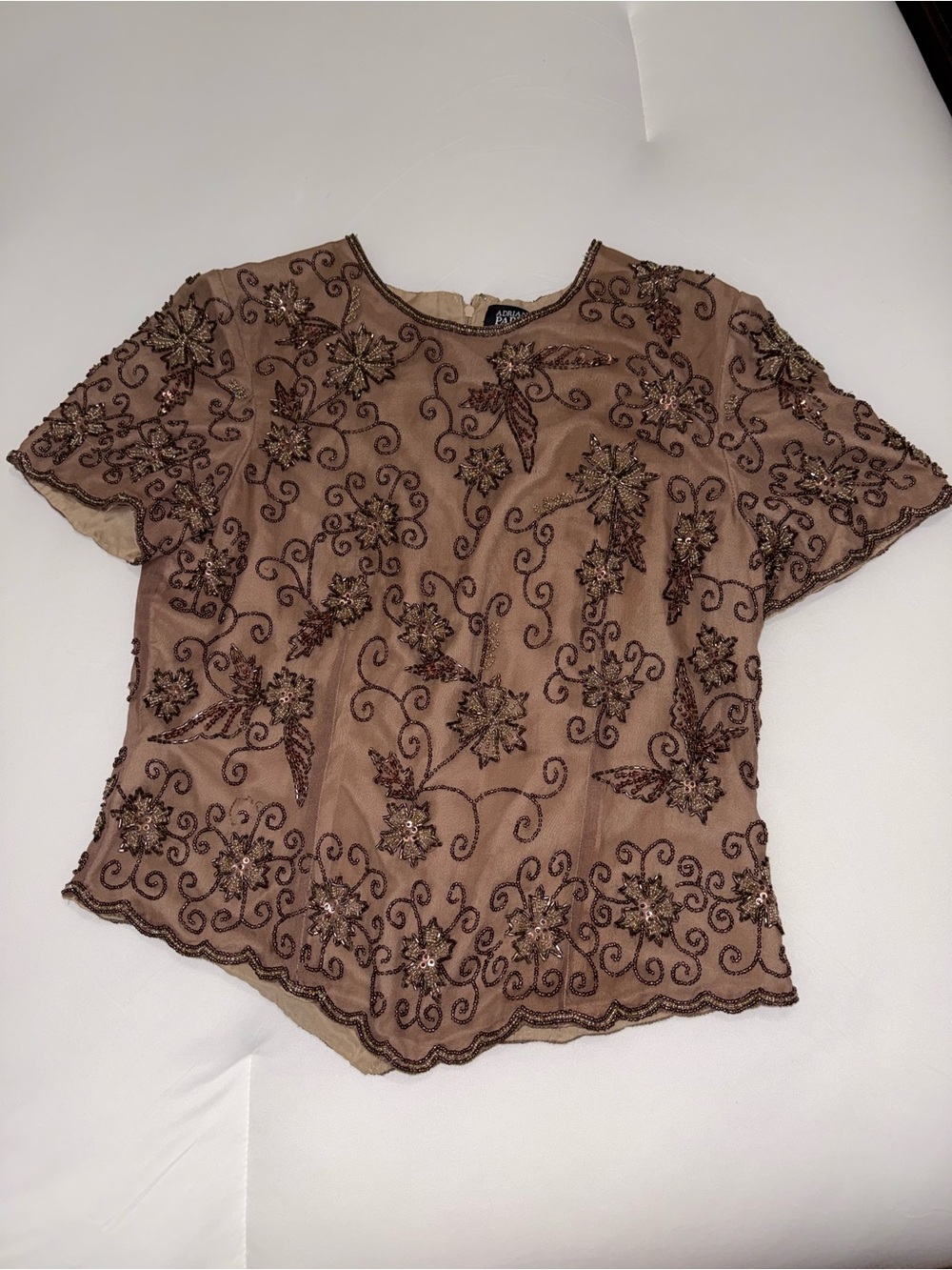 Adrianna Papell Beaded Floral Short Sleeve Top - Brown